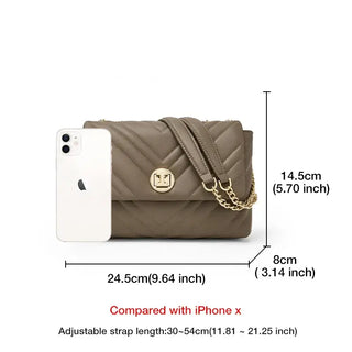 Shoulder Bag with Gold Chain displayed next to an iPhone, showcasing its adjustable strap and dimensions.