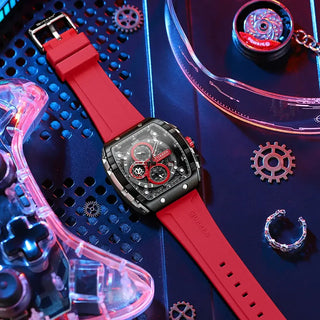Sports Watches Unique Rectangular in red silicone on a stylish background with gaming accessories.