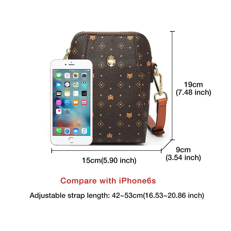 Women's Cellphone Bag showcasing dimensions with an iPhone 6s for size comparison.