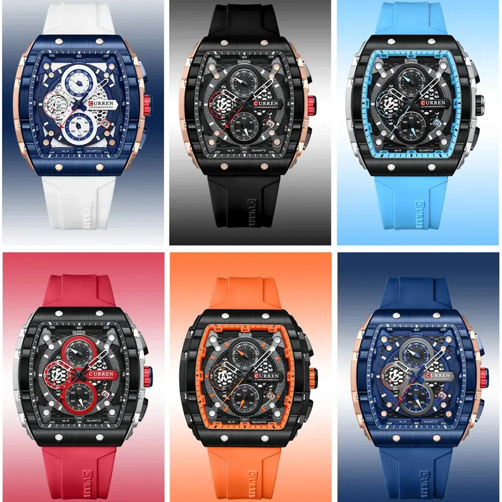 Sports Watches Unique Rectangular in various colors with silicone bands, showcasing casual quartz style.