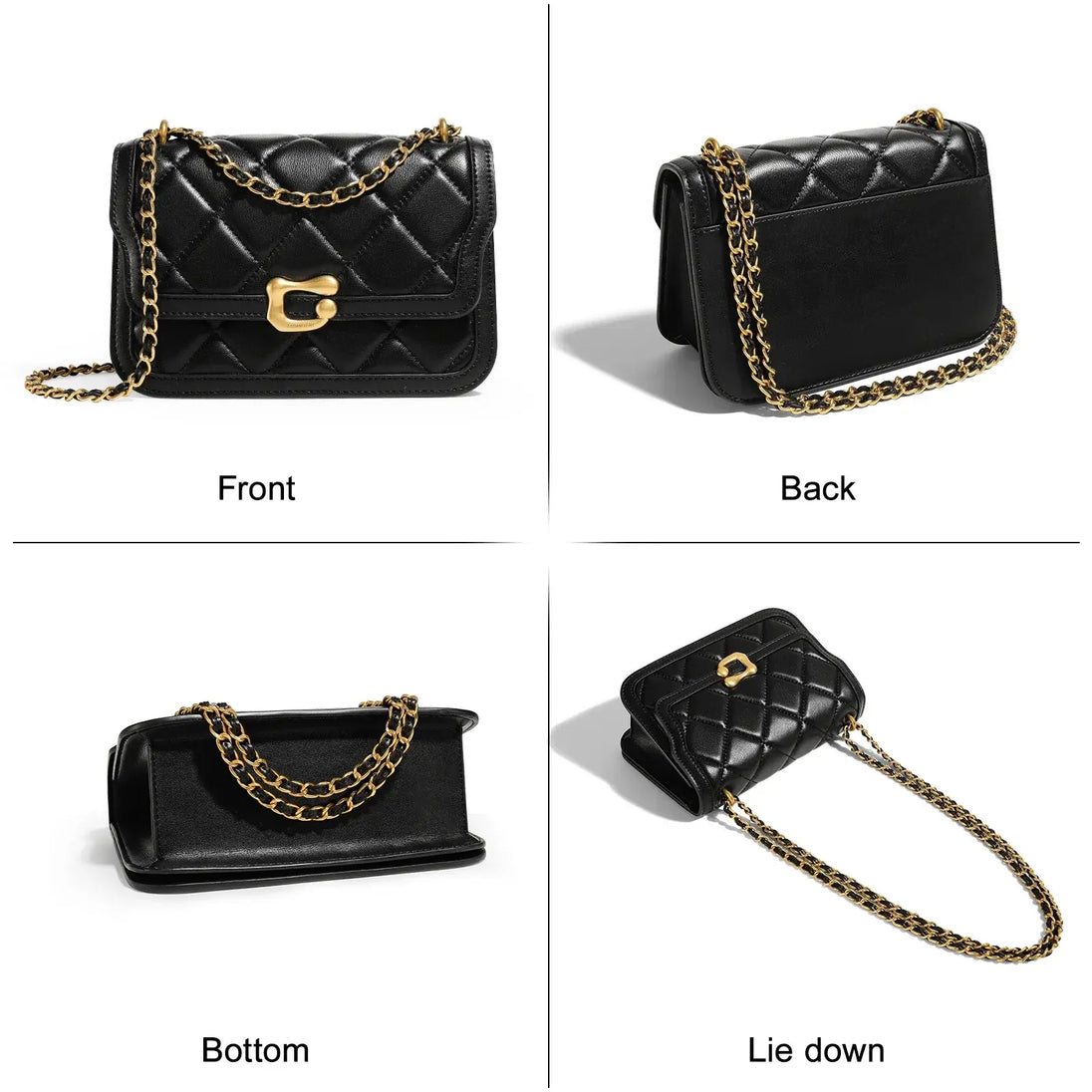 Women Genuine Leather Chain Bag shown from front, back, bottom, and lying down angles with gold chain.