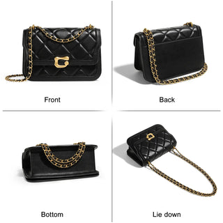 Women Genuine Leather Chain Bag shown from front, back, bottom, and lying down angles with gold chain.