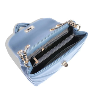 Open blue PU leather crossbody bag with zipper closure and chain straps, showcasing interior pockets.