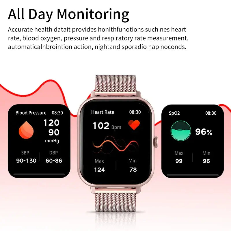 Smartwatches with Bluetooth displaying all day monitoring features like heart rate, blood pressure, and SpO2 readings.