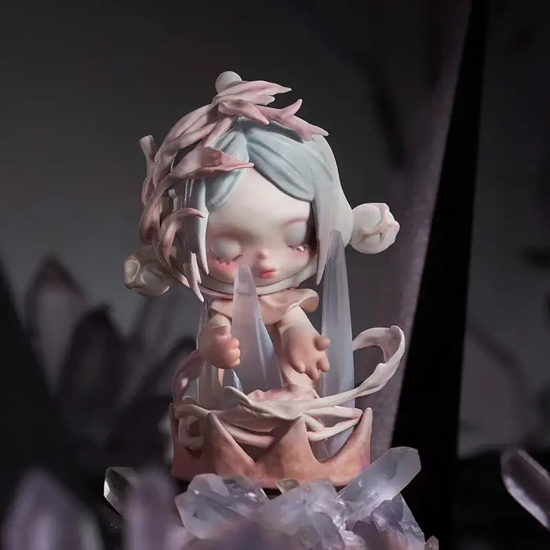 POP MART collectible figure in pastel colors, featuring a girl with crystals, perfect for art fans and collectors.