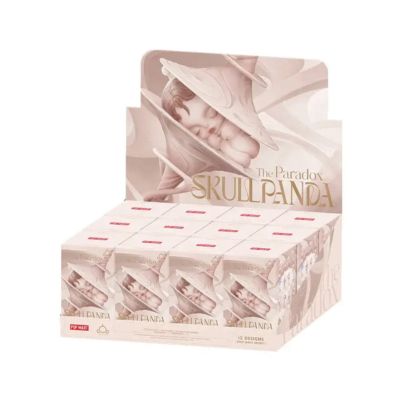 POP MART Skull Panda collectible display box, creative design in white and beige, perfect for collectors and artistic model fans.