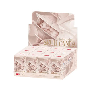 POP MART Skull Panda collectible display box, creative design in white and beige, perfect for collectors and artistic model fans.