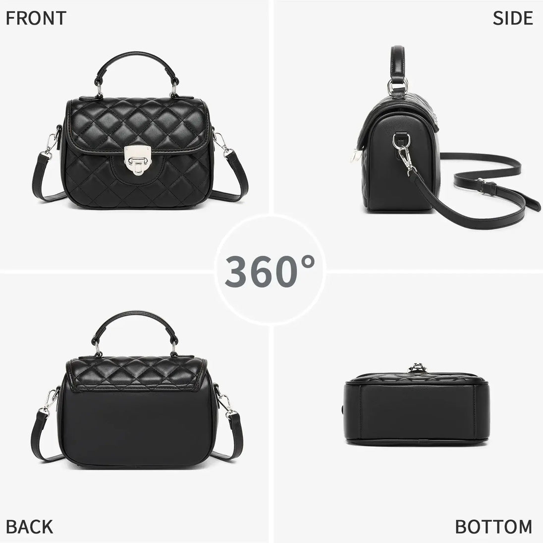 Crossbody Bags high-quality PU leather shown in 360 view: front, side, back, and bottom angles.