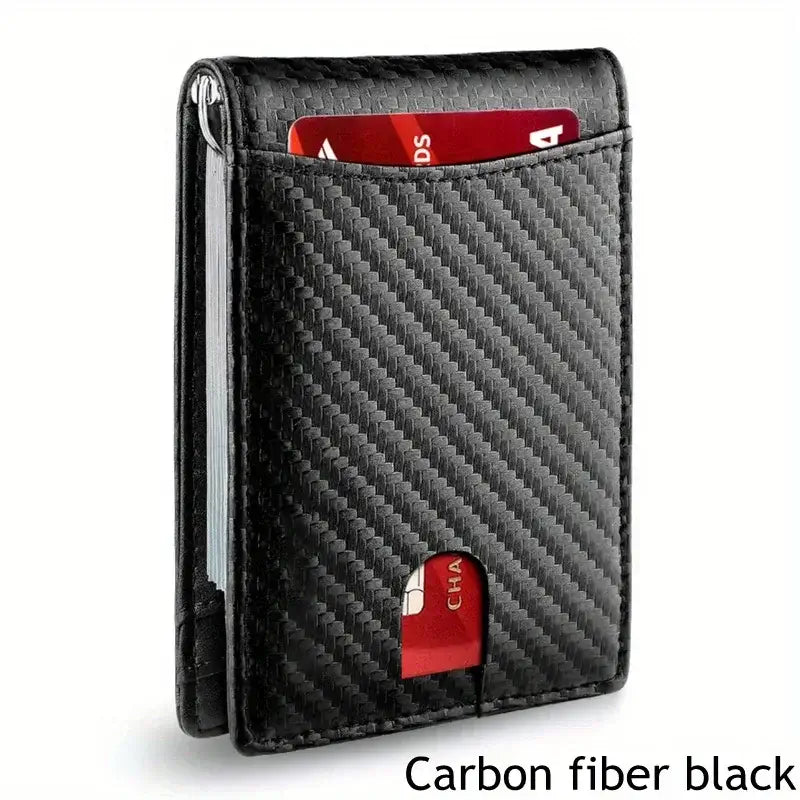 Men Wallet PU Credit Card Clip Mini RFID Blocking in sleek carbon fiber black design.