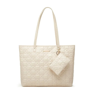 Tote Bag Soft & Versatile Two Piece Set featuring a quilted design in beige with a matching pouch.