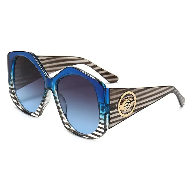 Sunglasses with a unique design and logo, featuring blue lenses and striped pattern, ideal for outdoor sports.
