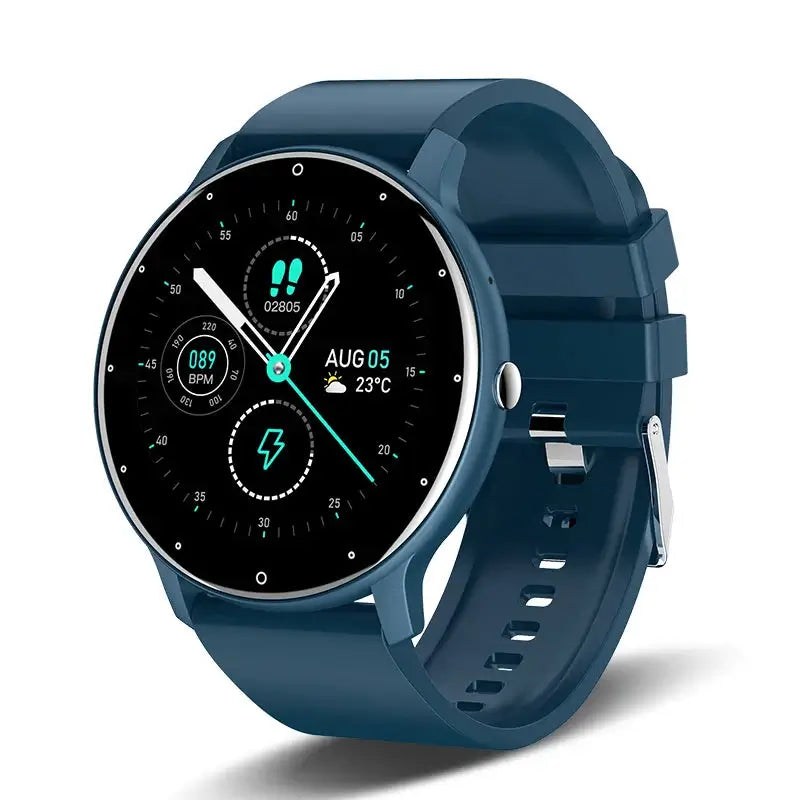 Smart Watch Full Touch Screen displaying health and fitness metrics on a stylish blue strap.
