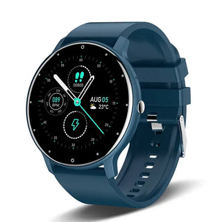 Smart Watch Full Touch Screen displaying health and fitness metrics on a stylish blue strap.