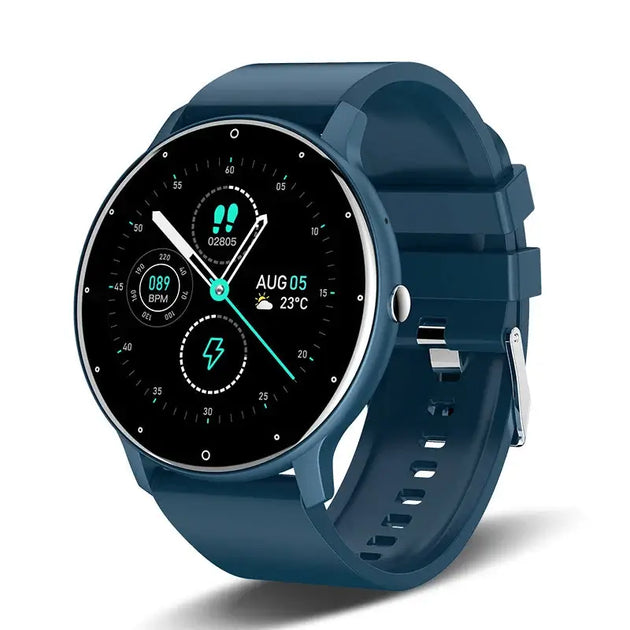 Smart Watch Full Touch Screen displaying health and fitness metrics on a stylish blue strap.