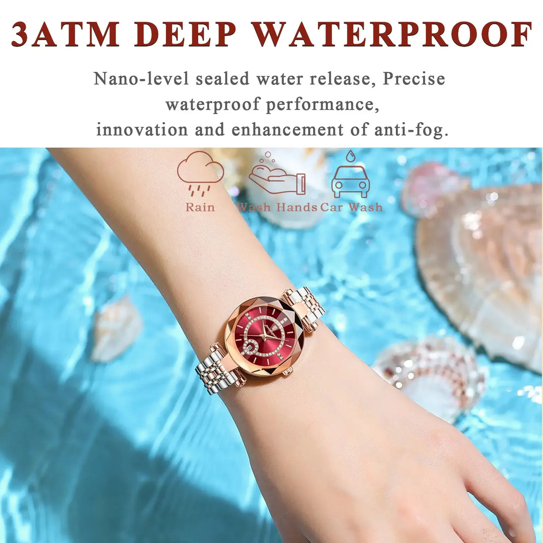 Wristwatch For Woman with diamond, rose gold band, waterproof features, and stylish design.