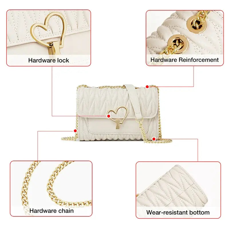 Crossbody Bag with Heart-Shaped Gold Clasp showcasing hardware lock and reinforced chain.