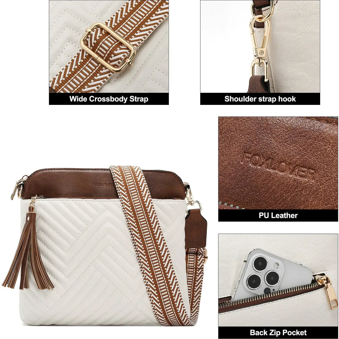 PU Crossbody Bag featuring wide crossbody strap, back zip pocket, and PU leather material.