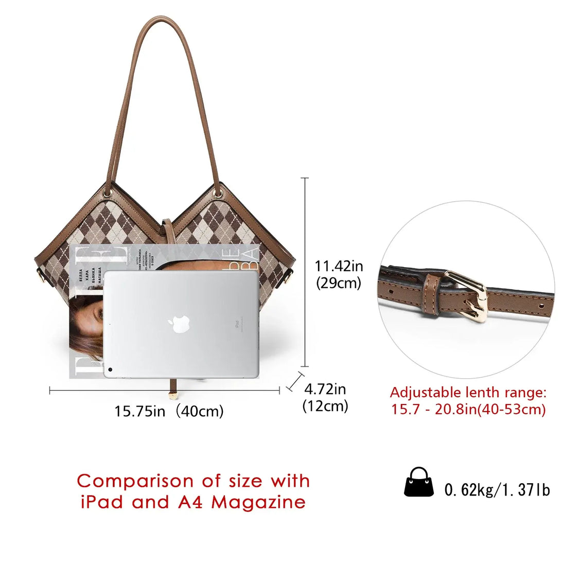 Women Tote Bag size comparison with iPad and A4 Magazine, featuring adjustable strap and plaid pattern.
