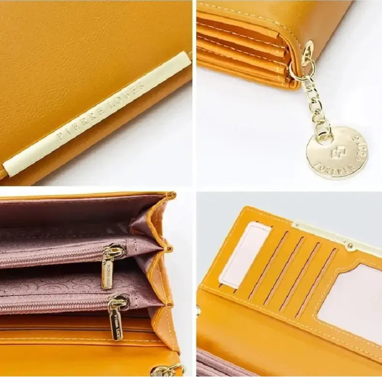Wallet Leather for Women featuring zipper closure, chains decoration, and multiple interior slots in stylish yellow.