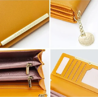 Wallet Leather for Women featuring zipper closure, chains decoration, and multiple interior slots in stylish yellow.