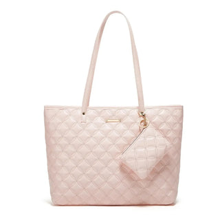 Tote Bag in soft pink quilted design, lightweight microfiber synthetic leather, stylish and functional for everyday use.