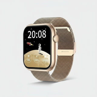 Smartwatches with Bluetooth call message notifications displaying time and astronaut graphic on a gold mesh band.