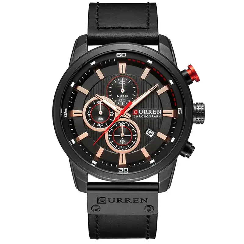 Luxury Chronograph Mens Watch with leather band and black dial design, featuring detailed chronograph functions.