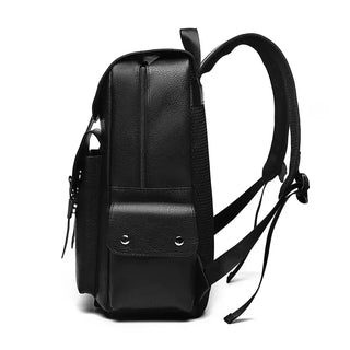 Side view of a black leather backpack for men, large capacity casual travel backpack by HTLT.