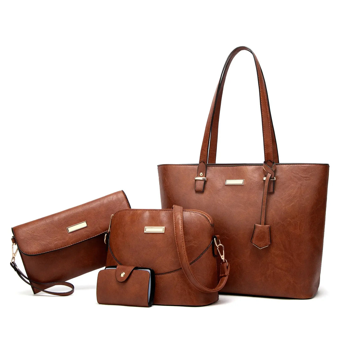 Women's Handbag 4-Piece Set in brown PU leather, stylish and functional for everyday use.