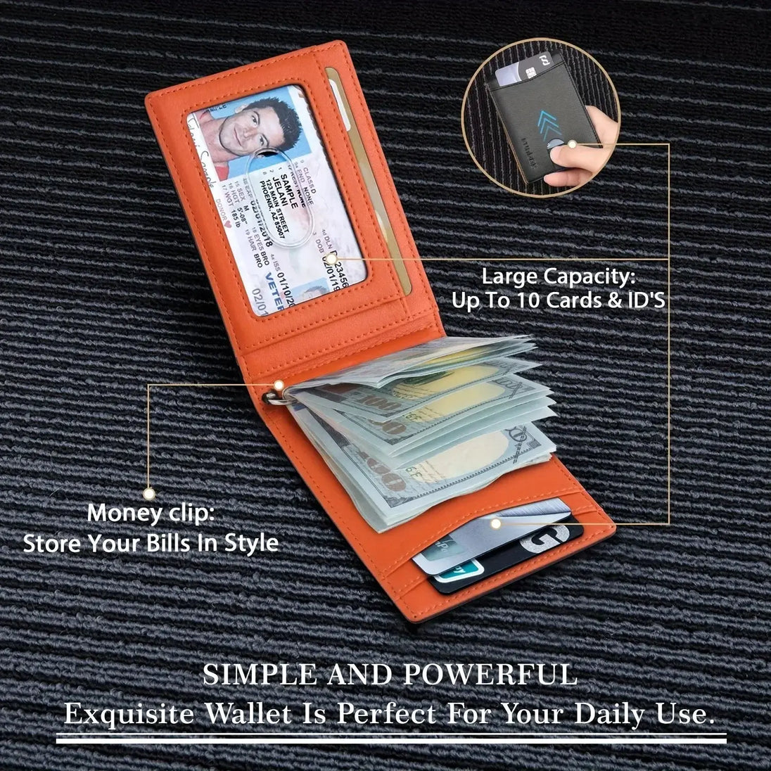 Men Wallet PU Credit Card Clip Mini RFID Blocking with money clip and large capacity for cards and IDs.