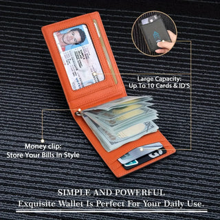 Men Wallet PU Credit Card Clip Mini RFID Blocking with money clip and large capacity for cards and IDs.