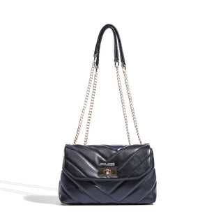 Navy crossbody bag with chain straps and zipper closure by David Jones, stylish women's handbag.