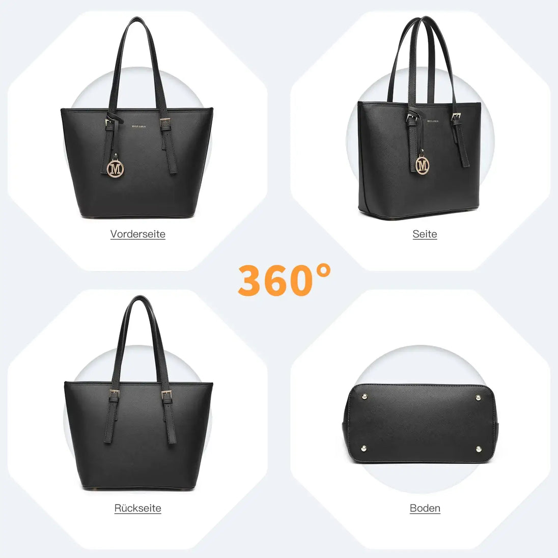 360-degree view of Large Shopper Tote Bag in black leather with gold accents, showcasing front, side, back, and bottom.