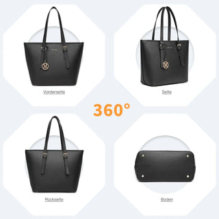 360-degree view of Large Shopper Tote Bag in black leather with gold accents, showcasing front, side, back, and bottom.