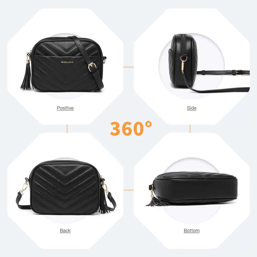 360° view of a stylish PU Crossbody Bag showcasing positive, side, back, and bottom angles.