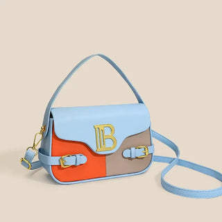 Womens crossbody bag with color-blocking in blue, orange, and brown, featuring gold hardware and a stylish design.
