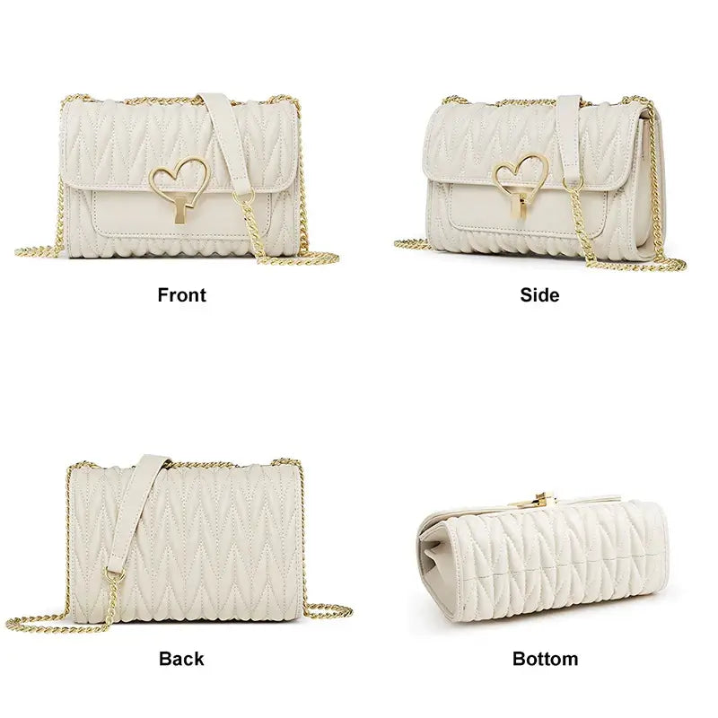 Crossbody Bag with Heart-Shaped Gold Clasp in off white showcasing front, side, back, and bottom views.