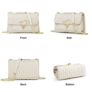 Crossbody Bag with Heart-Shaped Gold Clasp in off white showcasing front, side, back, and bottom views.