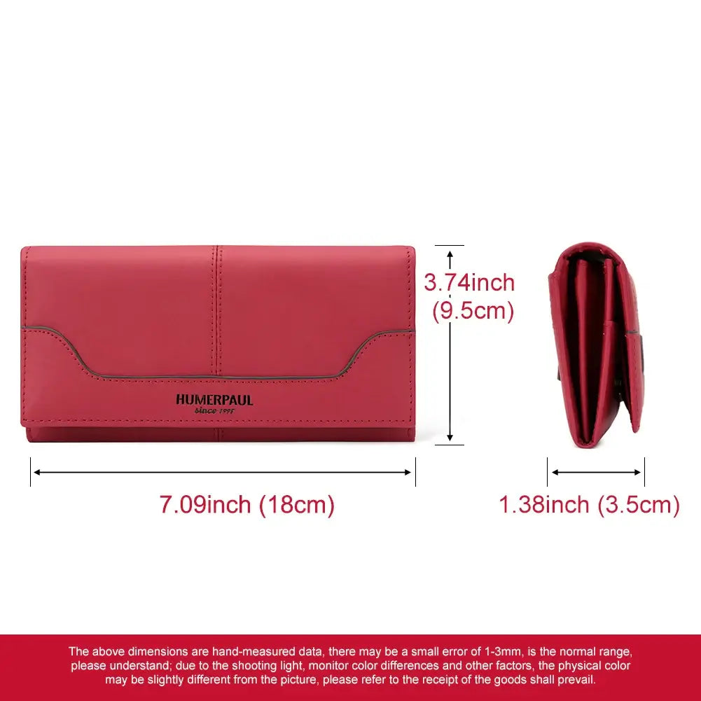 Genuine Leather Wallet displayed with dimensions, featuring a sleek design and multiple interior pockets.