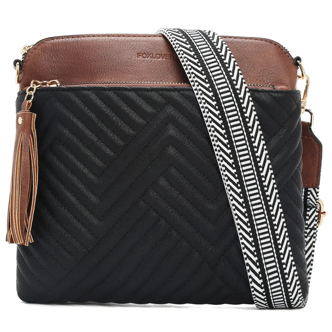 Stylish PU Crossbody Bag with a textured black body and brown top, featuring a patterned strap and tassel detail.