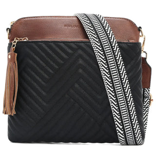 Stylish PU Crossbody Bag with a textured black body and brown top, featuring a patterned strap and tassel detail.