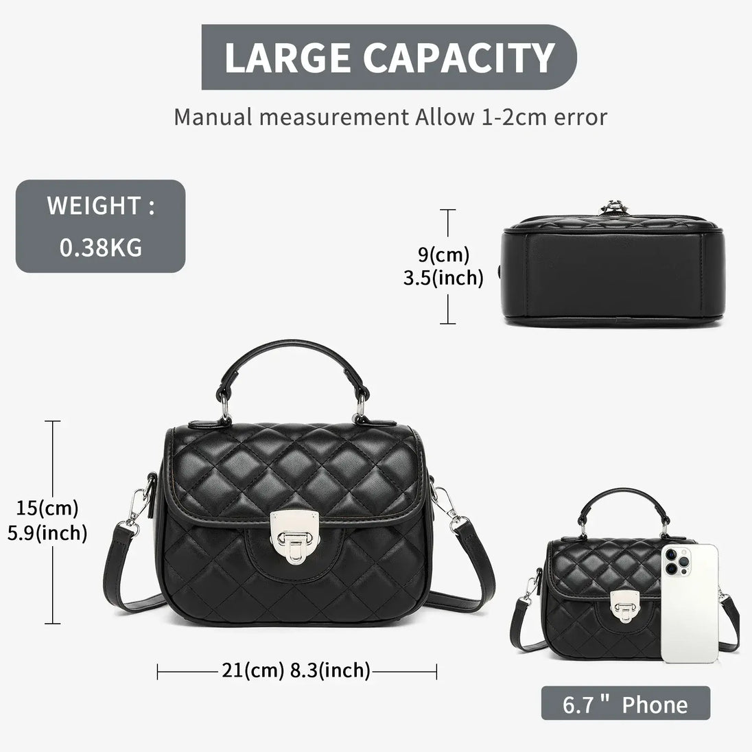 Crossbody Bags large capacity PU leather handbag with measurements and 6.7 inch phone for women.