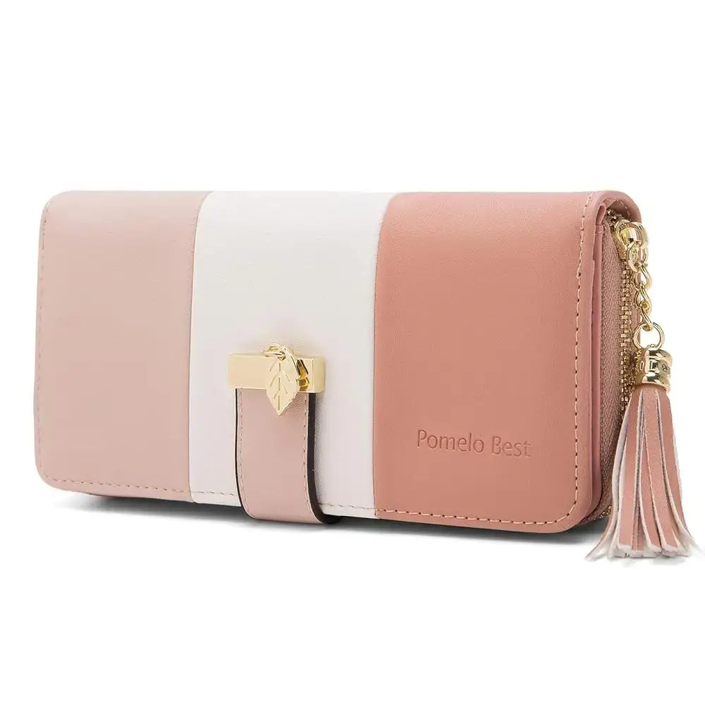 Womens Wallet RFID Blocking Genuine Leather Multi Credit Card in pink and white with zipper closure and tassel