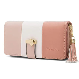Womens Wallet RFID Blocking Genuine Leather Multi Credit Card in pink and white with zipper closure and tassel