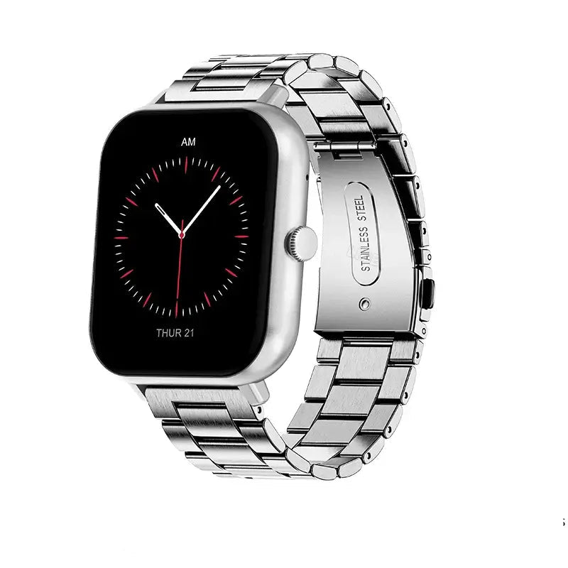 Smartwatches with Bluetooth showing sleek design, stainless steel band, and digital clock interface.