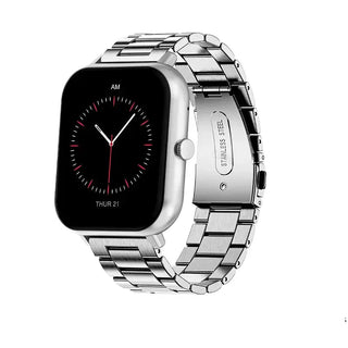 Smartwatches with Bluetooth showing sleek design, stainless steel band, and digital clock interface.