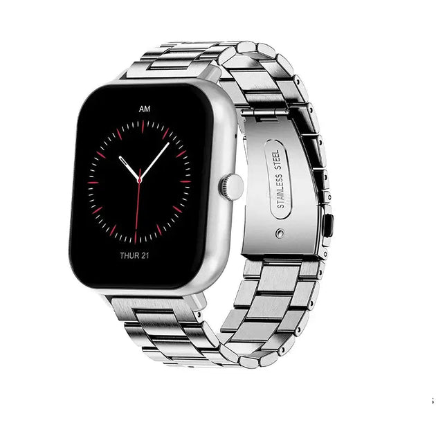 Smartwatches with Bluetooth showing sleek design, stainless steel band, and digital clock interface.