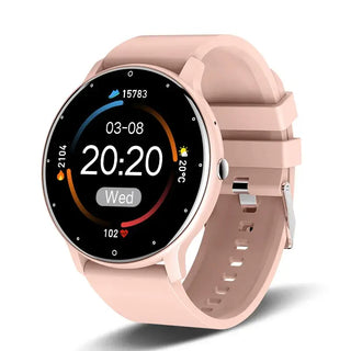 Smart Watch Full Touch Screen in pink color with AMOLED display showing time and health stats.
