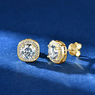 Moissanite Square Halo Earring in gold setting, showcasing brilliant stones under soft lighting.
