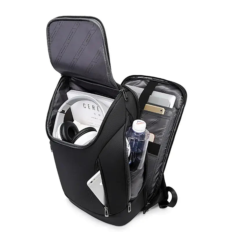 Bange Backpack USB charging waterproof open view showcasing organized storage and compartments.